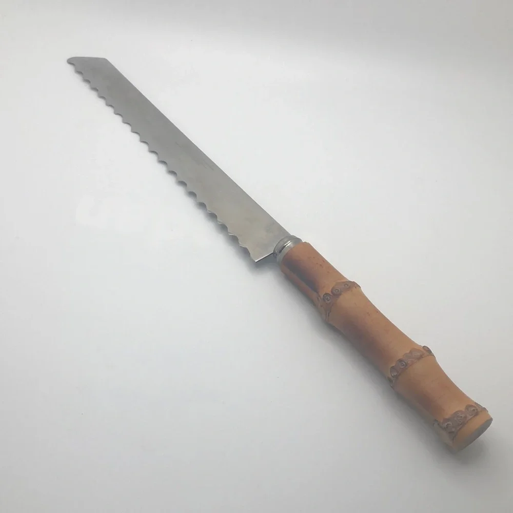 Vintage Japan Bread Knife Bamboo Cane Handle Stainless Steel Serrated 12
